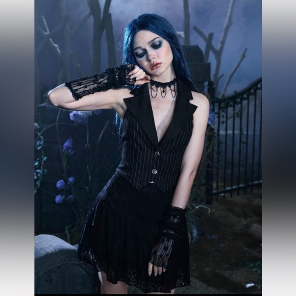 Romwe black goth striped print halter vest new L - Picture 2 of 7